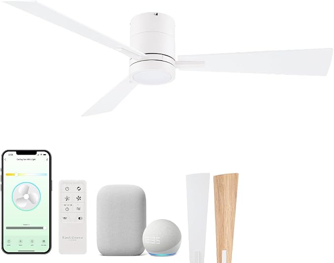 Bali 52in 3-Blade Smart Indoor or Outdoor Flush Mount Ceiling Fan 2700K-6000K CCT Tunable Range LED Light Kit in Matte White