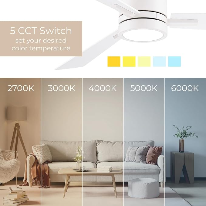Bali 52in 3-Blade Smart Indoor or Outdoor Flush Mount Ceiling Fan 2700K-6000K CCT Tunable Range LED Light Kit in Matte White