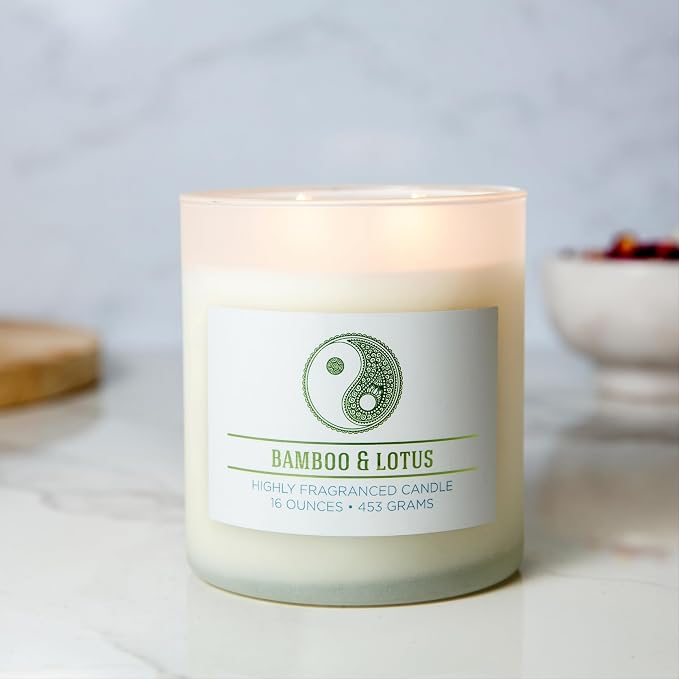 Bamboo Lotus Scented Candle, 16 oz comfort Relaxing Aromatherapy Candle, 2 Wick White Jar Soy Blend Wax, Candles for Home