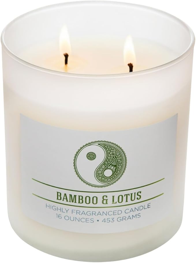 Bamboo Lotus Scented Candle, 16 oz comfort Relaxing Aromatherapy Candle, 2 Wick White Jar Soy Blend Wax, Candles for Home