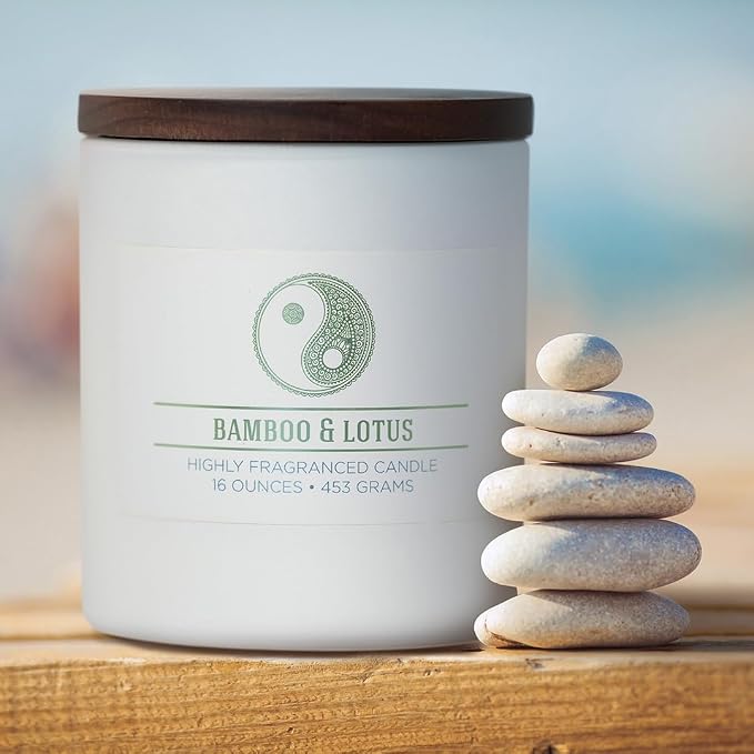 Bamboo Lotus Scented Candle, 16 oz comfort Relaxing Aromatherapy Candle, 2 Wick White Jar Soy Blend Wax, Candles for Home
