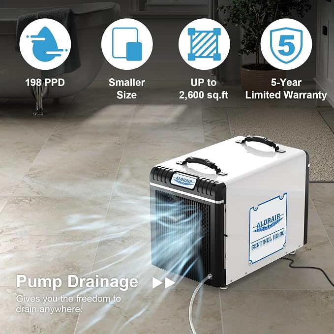 Basement/Crawlspace Dehumidifiers 198 PPD (Saturation), 90 Pints (AHAM), 5 Years Limited Warranty, Condensate Pump, alternate