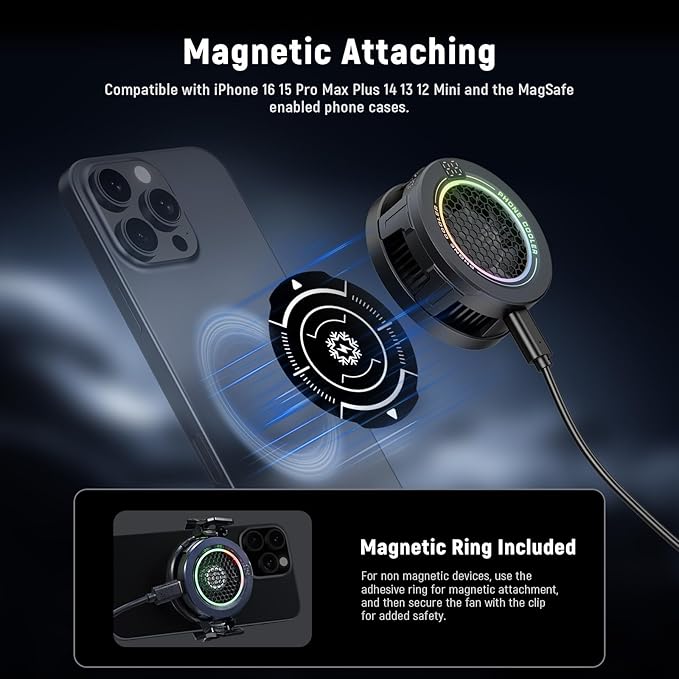 Basics Magnetic Phone Cooler, Low Noise USB Cooling Fan with Smart Temp Control, RGB Light, Magnetic Ring & Clip Compatible