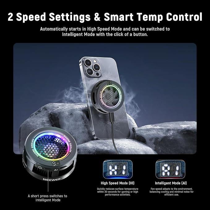 Basics Magnetic Phone Cooler, Low Noise USB Cooling Fan with Smart Temp Control, RGB Light, Magnetic Ring & Clip Compatible