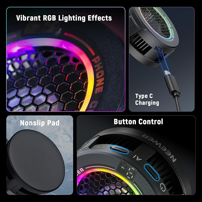 Basics Magnetic Phone Cooler, Low Noise USB Cooling Fan with Smart Temp Control, RGB Light, Magnetic Ring & Clip Compatible