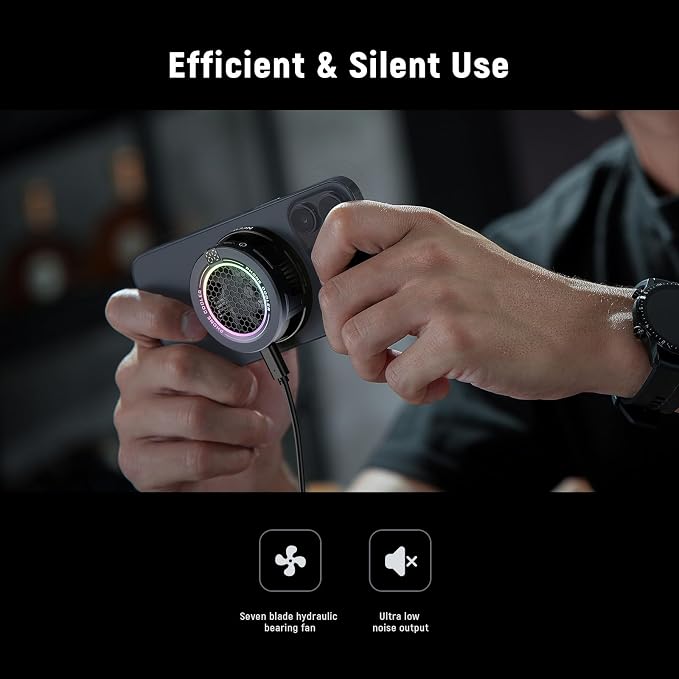 Basics Magnetic Phone Cooler, Low Noise USB Cooling Fan with Smart Temp Control, RGB Light, Magnetic Ring & Clip Compatible