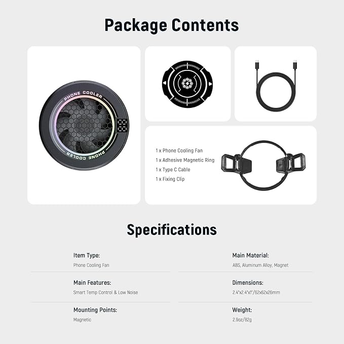 Basics Magnetic Phone Cooler, Low Noise USB Cooling Fan with Smart Temp Control, RGB Light, Magnetic Ring & Clip Compatible