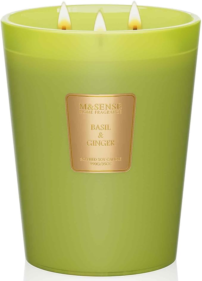 Basil Ginger Scented Candle 35oz 150H Burn Time Long Lasting, 3-Wick Natural Aromatherapy Candle Highly Scented, Home