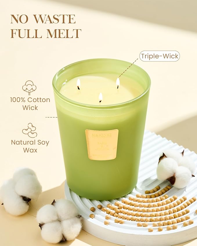 Basil Ginger Scented Candle 35oz 150H Burn Time Long Lasting, 3-Wick Natural Aromatherapy Candle Highly Scented, Home