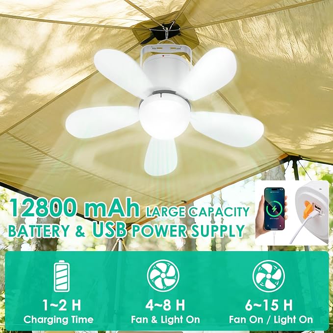 Battery Operated Ceiling Fan Light, Portable Ceiling Fan with Remote, Wireless Rechargeable Gazebo Fan Light for Outdoor, for