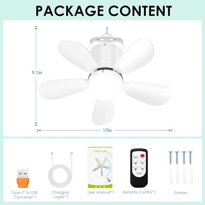 Battery Operated Ceiling Fan Light, Portable Ceiling Fan with Remote, Wireless Rechargeable Gazebo Fan Light for Outdoor, for