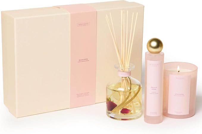 Beach Rose Gift Box | Candle, Room Spray & Reed Diffuser | Rose & Sandalwood | Elegant Home Fragrance | Ready for Gifting