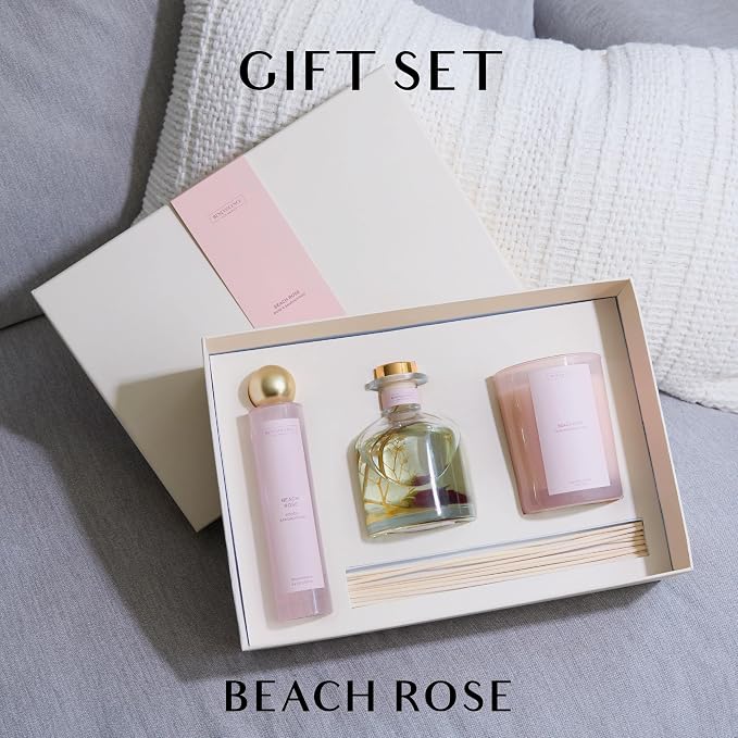 Beach Rose Gift Box | Candle, Room Spray & Reed Diffuser | Rose & Sandalwood | Elegant Home Fragrance | Ready for Gifting