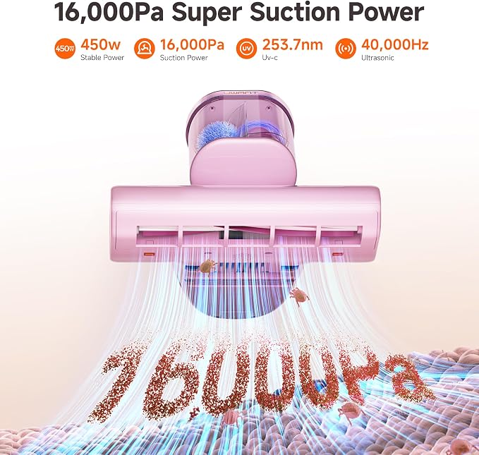 Bed Cleaner with 16Kpa Suction Metal Roller 253.7nm Uv-c Light Mattress Vacuum Cleaner 36000RPM/Min 149°F Heating HEPA