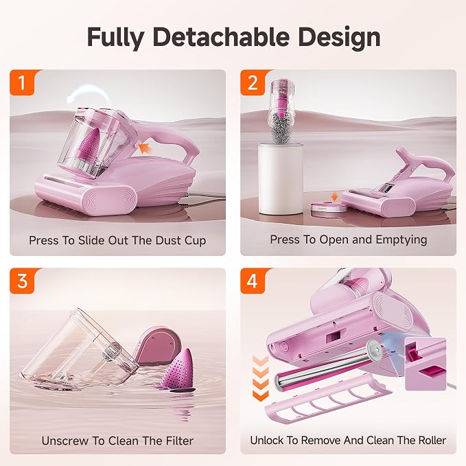 Bed Cleaner with 16Kpa Suction Metal Roller 253.7nm Uv-c Light Mattress Vacuum Cleaner 36000RPM/Min 149°F Heating HEPA
