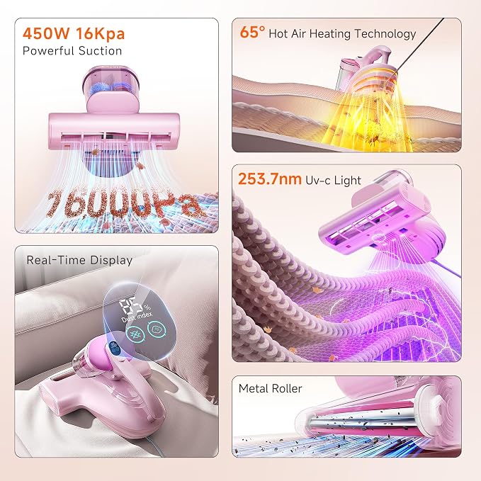 Bed Cleaner with 16Kpa Suction Metal Roller 253.7nm Uv-c Light Mattress Vacuum Cleaner 36000RPM/Min 149°F Heating HEPA