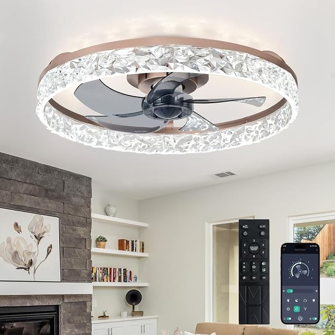 Bedroom Ceiling Fans with Lights: 20" Modern Low Profile Flush Mount Bladeless Ceiling Fan with App Remote Control - Brown