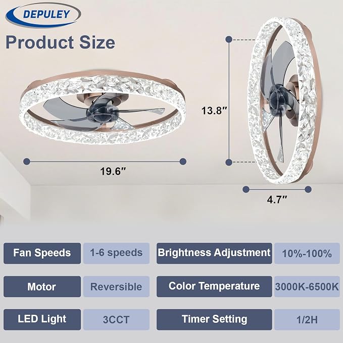 Bedroom Ceiling Fans with Lights: 20" Modern Low Profile Flush Mount Bladeless Ceiling Fan with App Remote Control - Brown