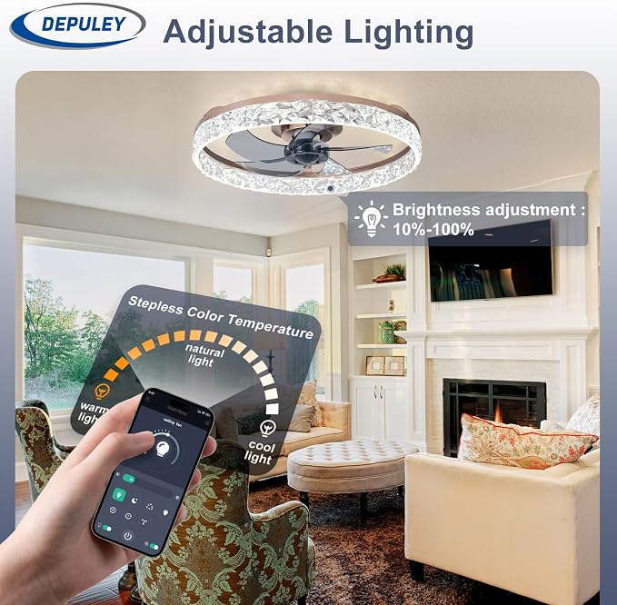 Bedroom Ceiling Fans with Lights: 20" Modern Low Profile Flush Mount Bladeless Ceiling Fan with App Remote Control - Brown
