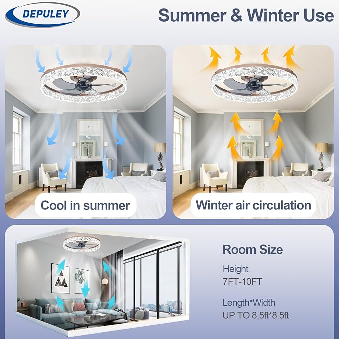 Bedroom Ceiling Fans with Lights: 20" Modern Low Profile Flush Mount Bladeless Ceiling Fan with App Remote Control - Brown