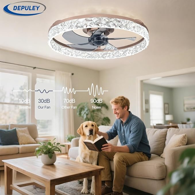 Bedroom Ceiling Fans with Lights: 20" Modern Low Profile Flush Mount Bladeless Ceiling Fan with App Remote Control - Brown