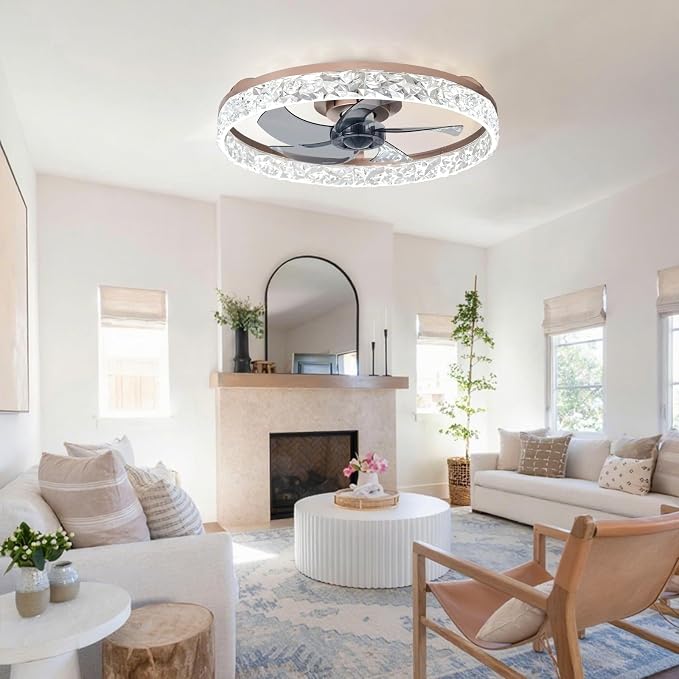 Bedroom Ceiling Fans with Lights: 20" Modern Low Profile Flush Mount Bladeless Ceiling Fan with App Remote Control - Brown