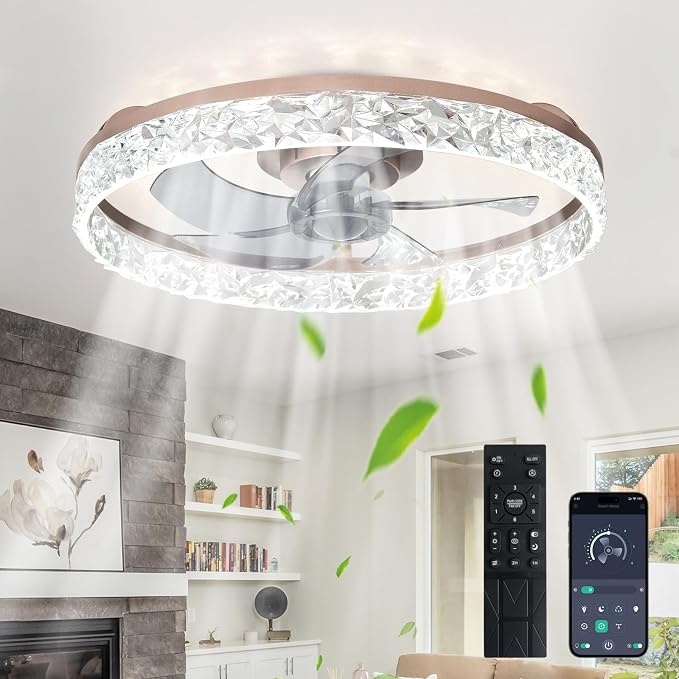Bedroom Ceiling Fans with Lights: 20" Modern Low Profile Flush Mount Bladeless Ceiling Fan with App Remote Control - Brown