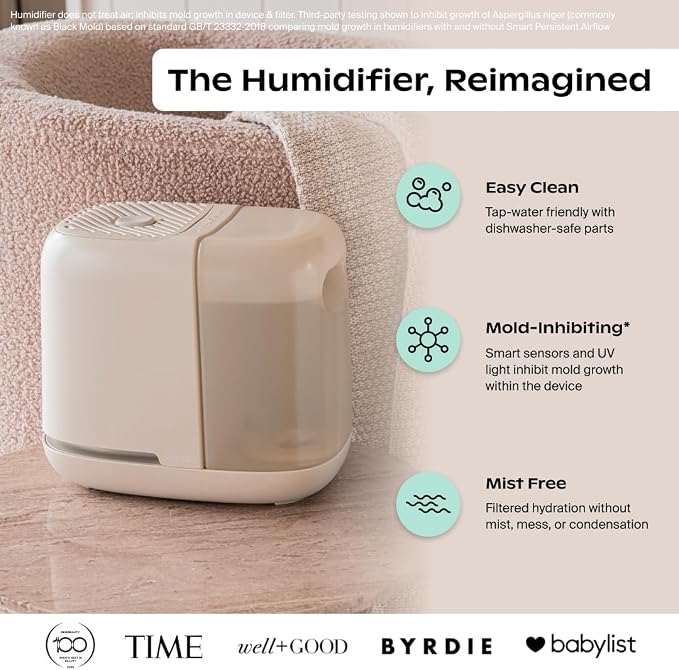 Bedside Humidifier 2.0, White, 36 HR Run Time, 2.5L Capacity - Reading Light & White Noise - Alleviate Symptoms of Allergies