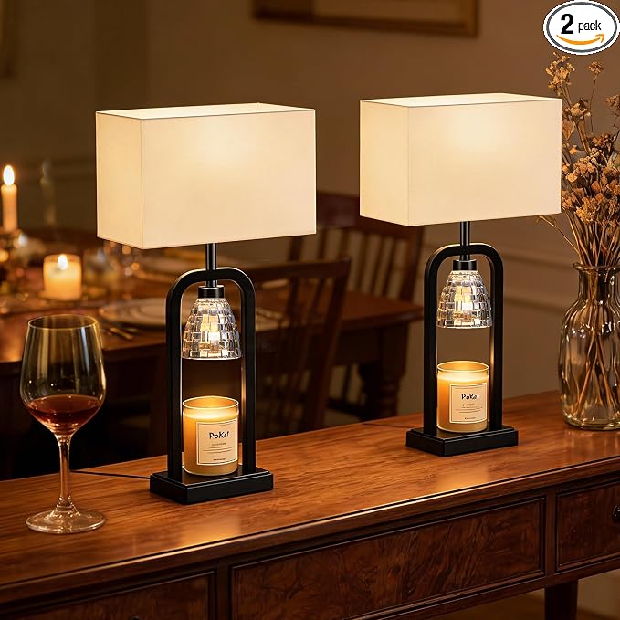 Bedside Table Lamps with Candle Warmer & Timer for Bedroom, Farmhouse Lamps Set of 2 for Night Stands, 21.5'' Bedroom Lamps