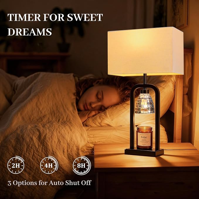 Bedside Table Lamps with Candle Warmer & Timer for Bedroom, Farmhouse Lamps Set of 2 for Night Stands, 21.5'' Bedroom Lamps