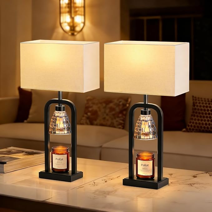 Bedside Table Lamps with Candle Warmer & Timer for Bedroom, Farmhouse Lamps Set of 2 for Night Stands, 21.5'' Bedroom Lamps