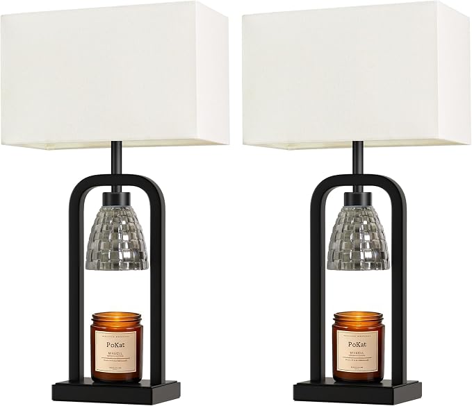 Bedside Table Lamps with Candle Warmer & Timer for Bedroom, Farmhouse Lamps Set of 2 for Night Stands, 21.5'' Bedroom Lamps