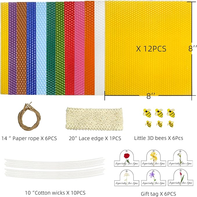 Beeswax Candle Making Kit, Colored Beeswax Candle Sheets 12 Pcs, Full DIY Candle Making Kit Include 10 Cotton Candle Wicks,6