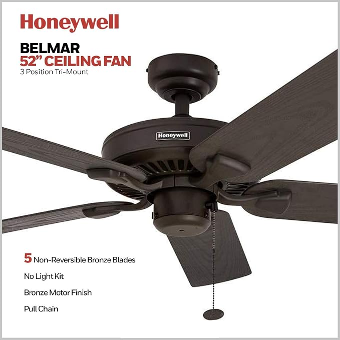 Belmar 52 Inch Ceiling Fan Without Light, Outdoor Ceiling Fan with Pull Chain, Tri-Mount Traditional 5 Blade Design, ETL Wet