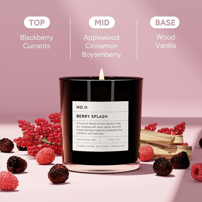 Berry Splash Luxury Scented Candles, 9oz Soy Wax Candles for Home Scented, BlackBerry, Boysenberry & Woods Scent, Long