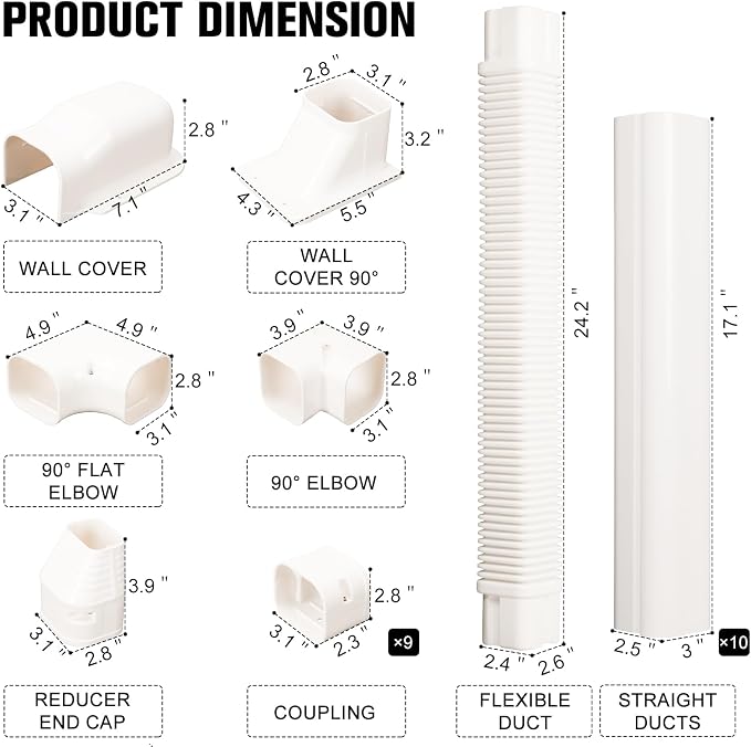 Mini Split Line Set Cover Kit, Decorative PVC Line Cover Kit for Mini Split Air Conditioners and Heat Pumps 3" Wx16.1'