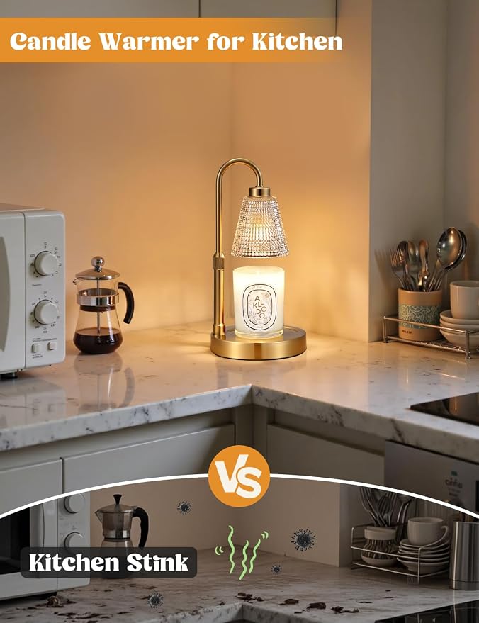 Big Gold Candle Warmer Lamp with Timer, Dimmable Candle Warmer for Home Decor, Height Adjustable Candle Lamp for Jar Candles