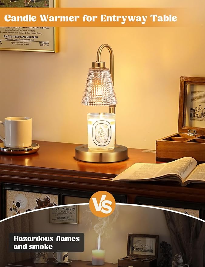 Big Gold Candle Warmer Lamp with Timer, Dimmable Candle Warmer for Home Decor, Height Adjustable Candle Lamp for Jar Candles
