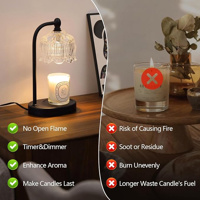Black Candle Warmer Lamp with Timer and Dimmer,Flameless Wax Melt Warmer for Jar Candles with 2 Bulbs,House Warming