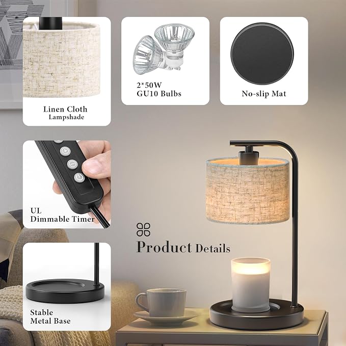 Black Candle Warmer Lamp with Timer Dimmer, Electric Candle Warmer Wax Heater, Birthday Gifts for Women Her Mom, House