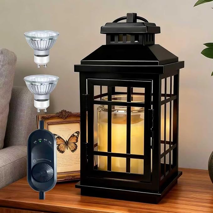 Black Candle Warmer Lamp with Timer - Flameless Enclosed Lantern Style Warmer for Large Jar Candles, product image