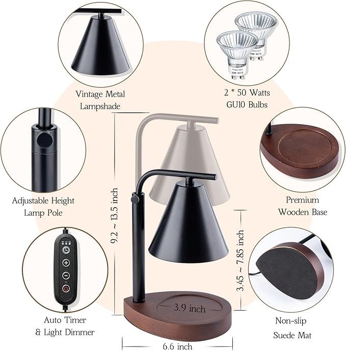 Black Candle Warmer Lamp with Timer, Height Adjustable Electric Lamp Candle Warmer, Black Home Room Decor Aesthetic, Birthday