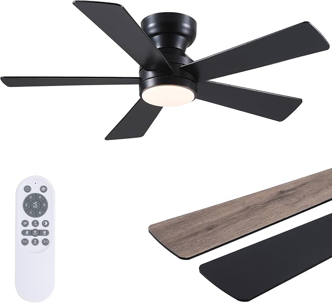 Black Ceiling Fans with Lights - 46" Flush Mount Ceiling Fan with Remote and 5 Reversible Blades, 3CCT Dimmable, 6 Wind