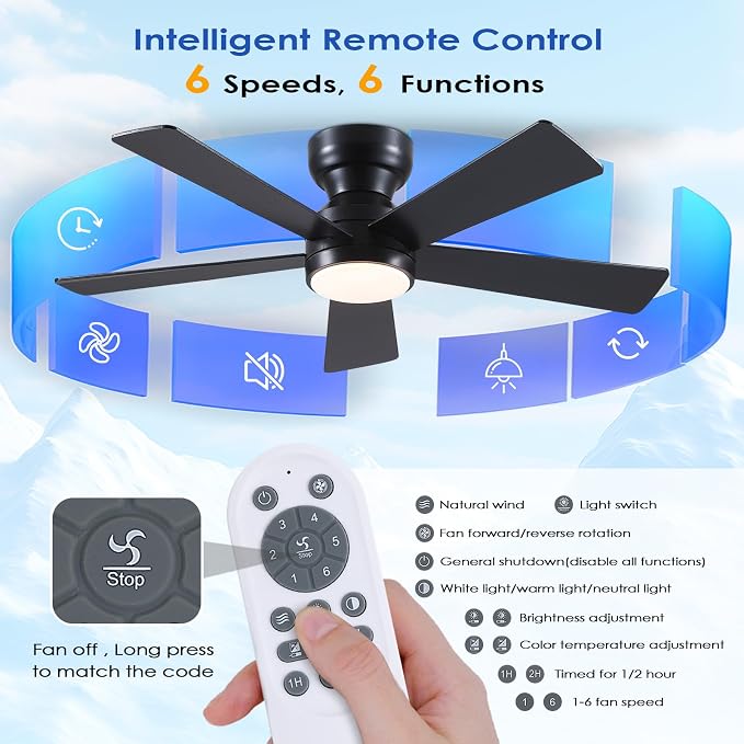 Black Ceiling Fans with Lights - 46" Flush Mount Ceiling Fan with Remote and 5 Reversible Blades, 3CCT Dimmable, 6 Wind