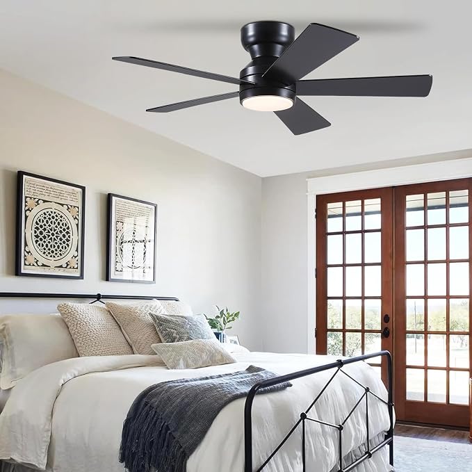 Black Ceiling Fans with Lights - 46" Flush Mount Ceiling Fan with Remote and 5 Reversible Blades, 3CCT Dimmable, 6 Wind