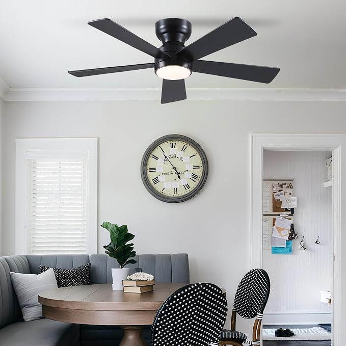 Black Ceiling Fans with Lights - 46" Flush Mount Ceiling Fan with Remote and 5 Reversible Blades, 3CCT Dimmable, 6 Wind