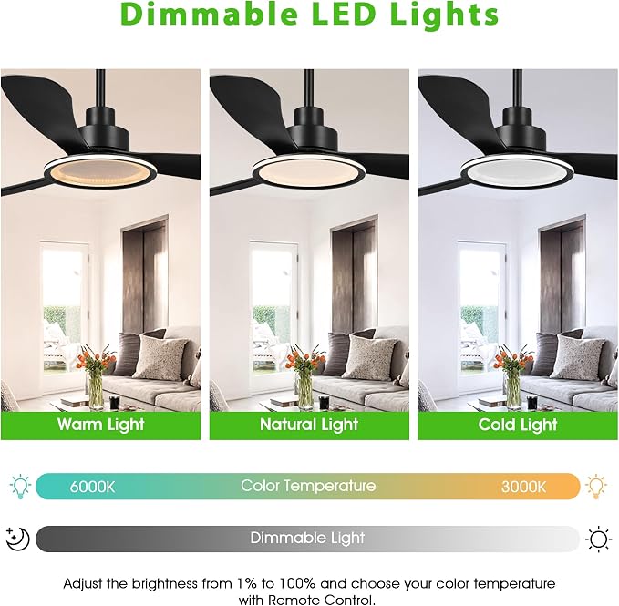 Black Ceiling Fans with Lights and Remote, 52 inch Ceiling Fan with Light, Quiet Reversible DC Motor, 3CCT, 6 Speeds Indoor &