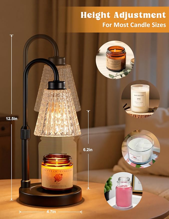 Black Crystal Candle Warmer Lamp with Timer, Dimmable Candle Warmer for Jar Candles, Height Adjustable Wax Melts Warmer