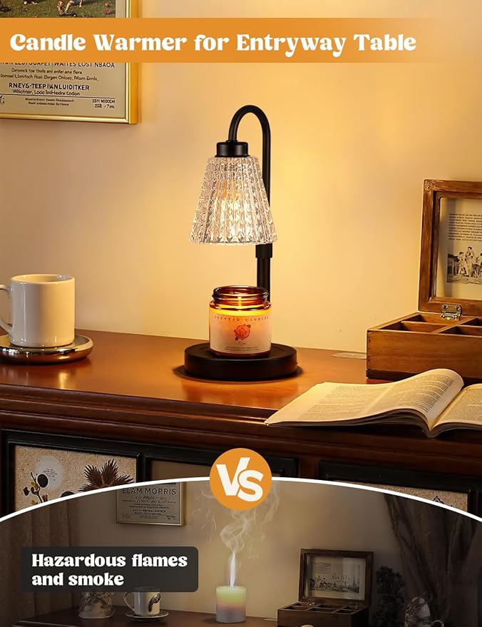 Black Crystal Candle Warmer Lamp with Timer, Dimmable Candle Warmer for Jar Candles, Height Adjustable Wax Melts Warmer