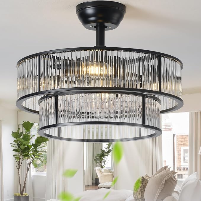 Black Fandelier Ceiling Fans with Lights, 20" Black Crystal Chandelier Ceiling Fan with Light Remote Control, Caged Mid